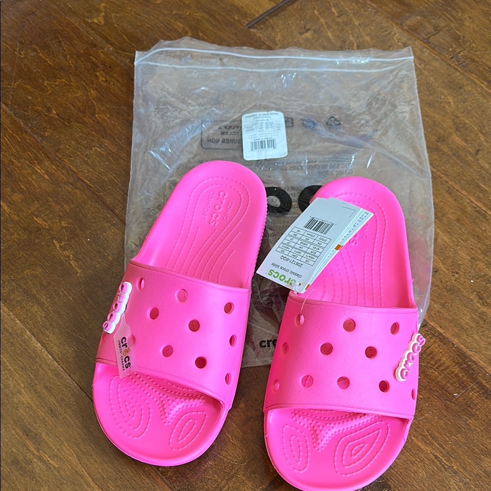 NWT Classic CROCS Slides Sandals Electric Pink M 9 W 11 with Jibbitz Charms